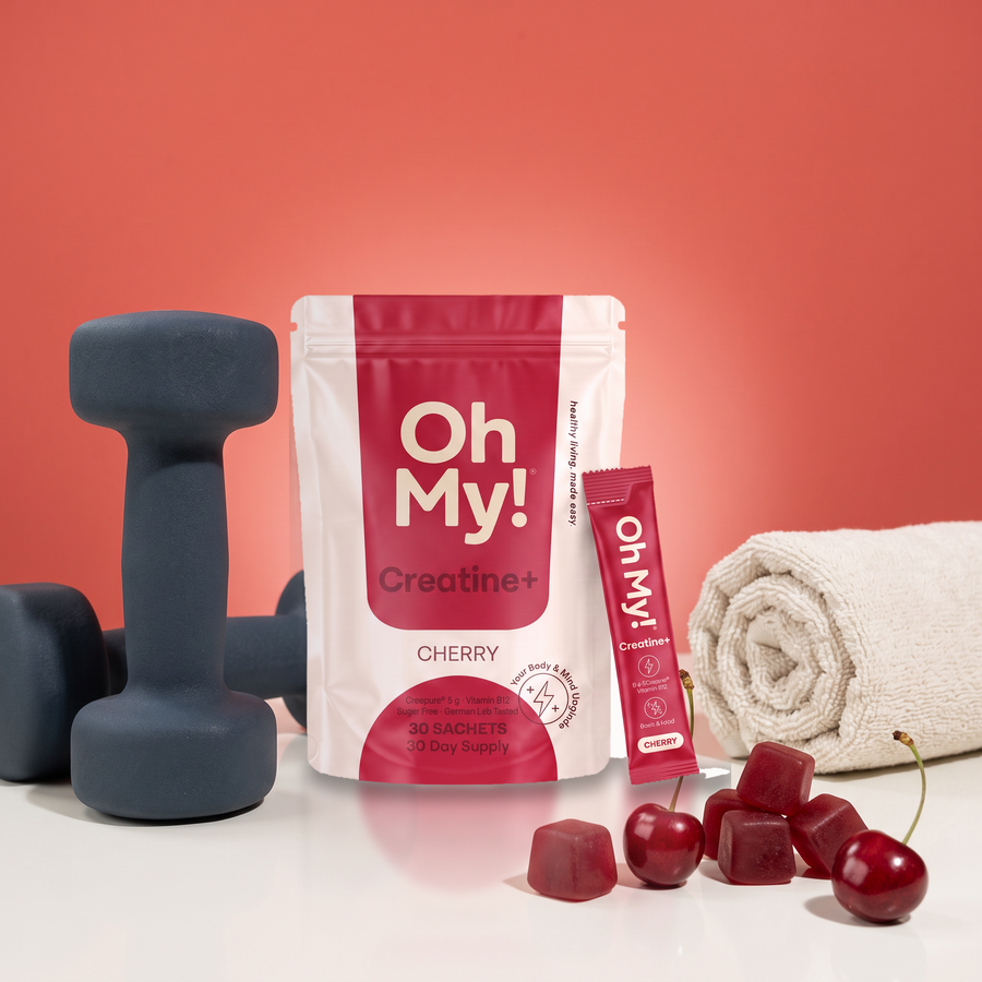 OhMy! Creatine+ Cherry mit Hanteln und Handtuch