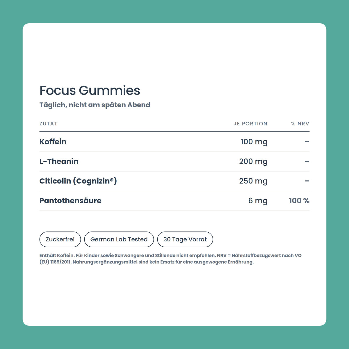 OhMy! Focus Gummies — Wirkstoffe je Portion