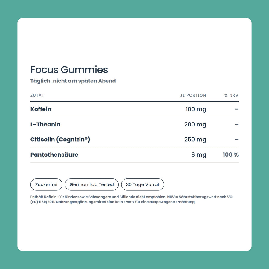 OhMy! Focus Gummies — Wirkstoffe je Portion