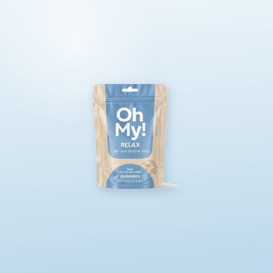 OhMy! Relax Gummies auf hellblauer Flaeche
